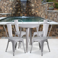Flash Furniture CH-51080TH-4-18CAFE-SIL-GG 24" Round Metal Table Set with Cafe Chairs in Silver